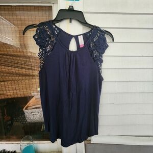 No Boundaries Dark Blue Crochet Sleeve Blouse